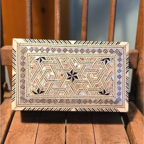 Antique Moroccan Mother of Pearl & Bone Jewelry Box micro mosaic velvet lined